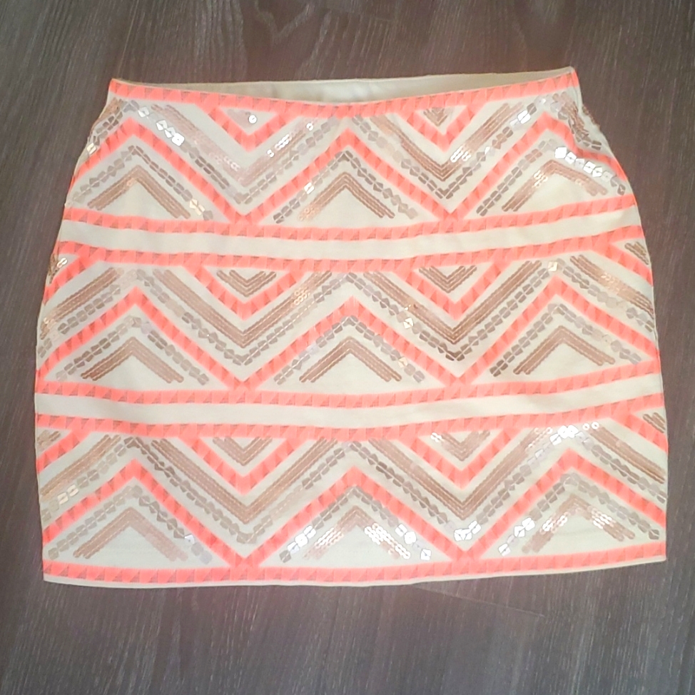 Express Pink/Orange/Cream Stretch Sequin Mini Skirt Xs